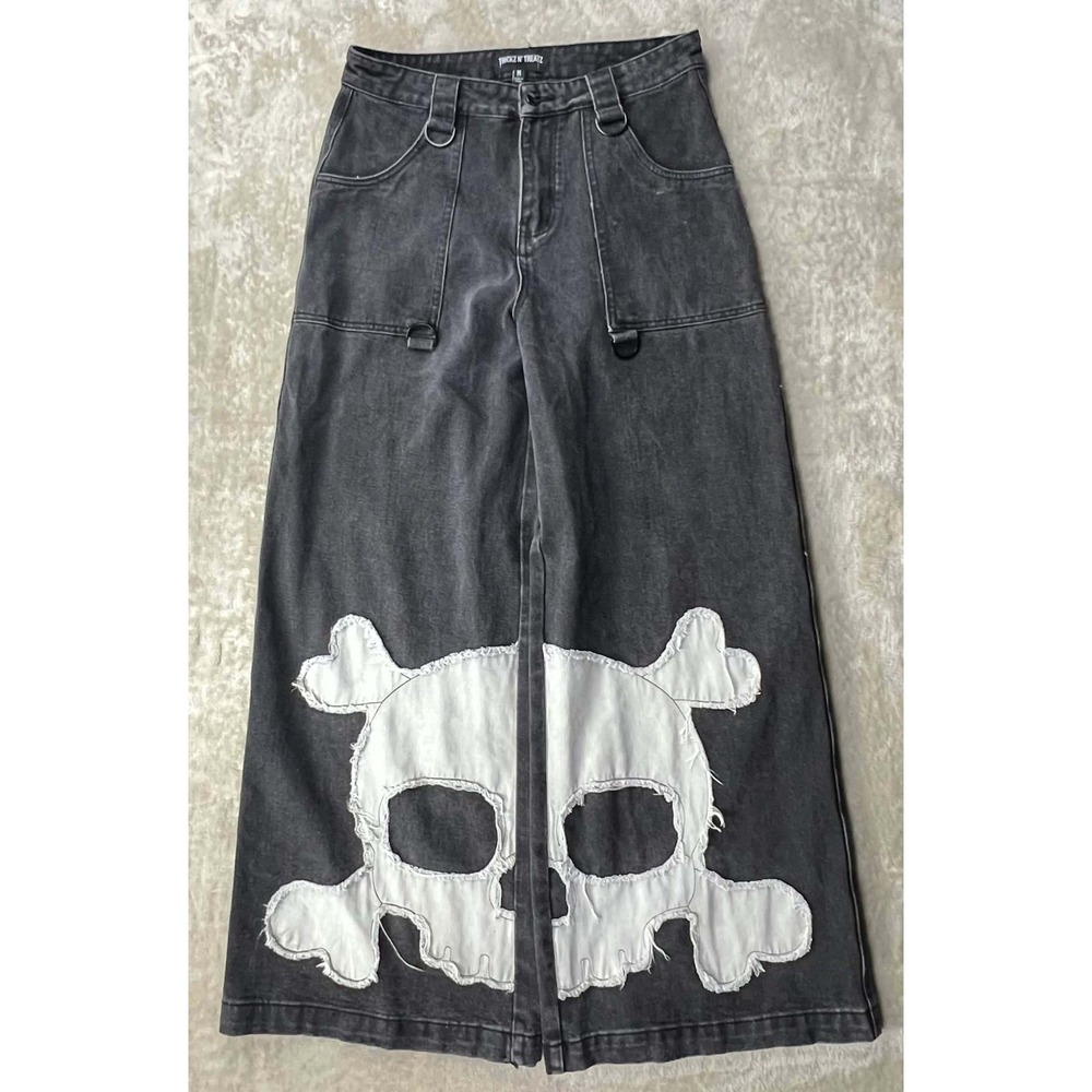 EUC Trickz N Treatz Dolls Kill Skull Wide Leg Denim Pants Black Goth D-Ring M